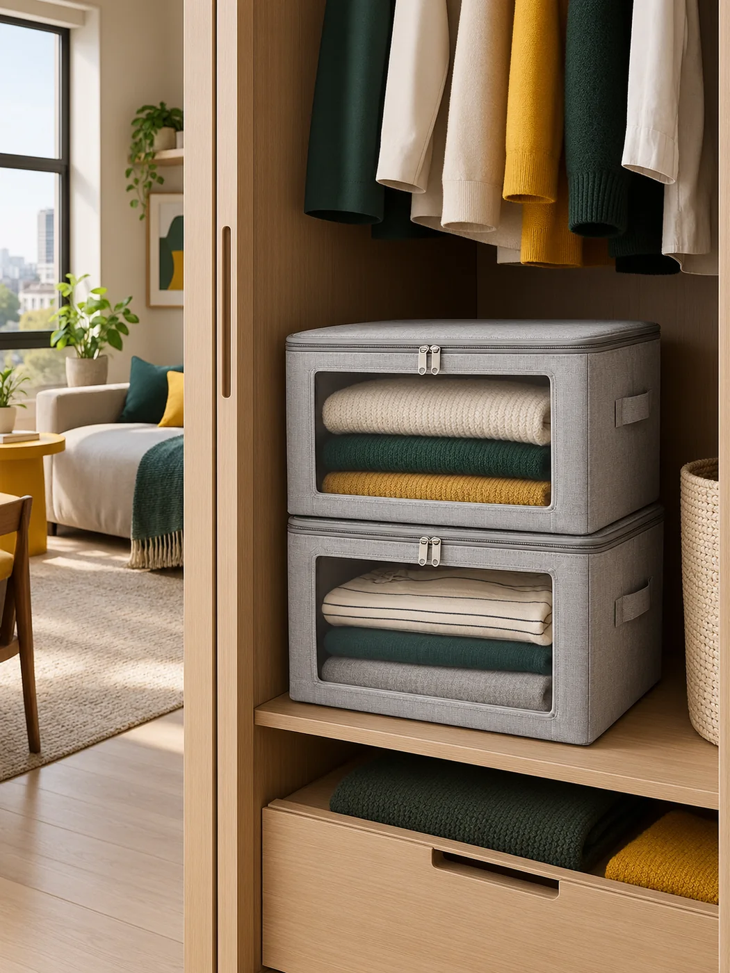 Clear-front Folding Box Set of 2 — in a small home