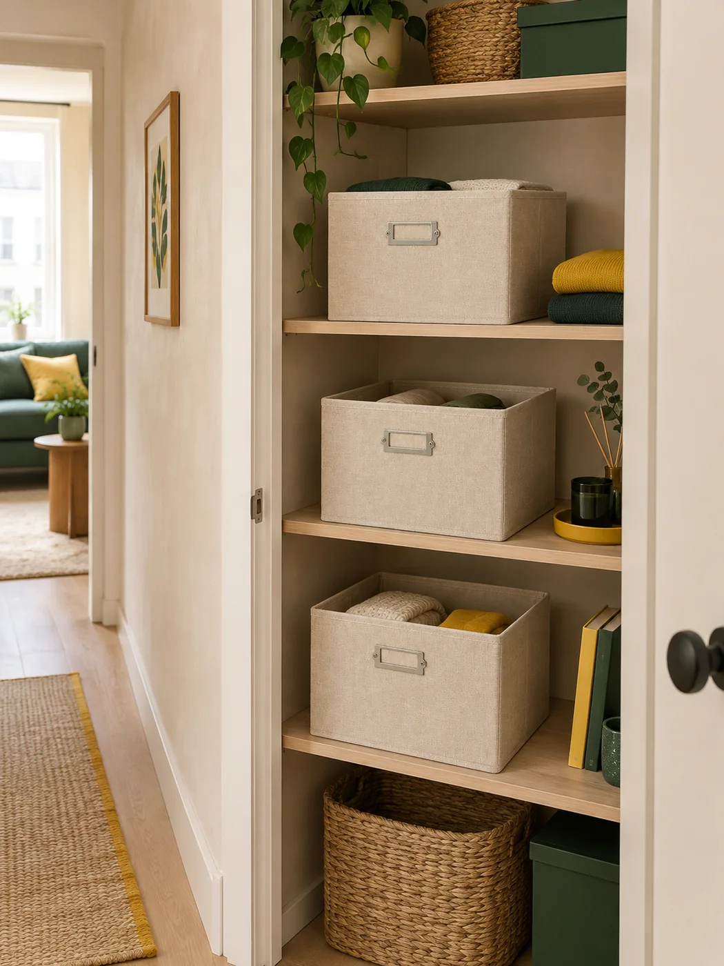 Folding Closet Bin with Label Set of 3 — in a small home