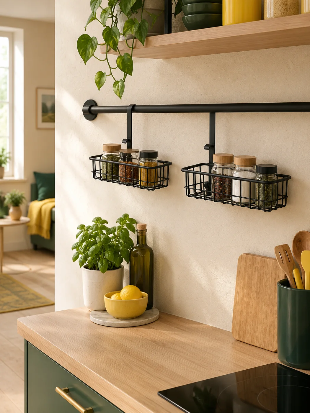 Rail Spice Basket Pair — in a small home