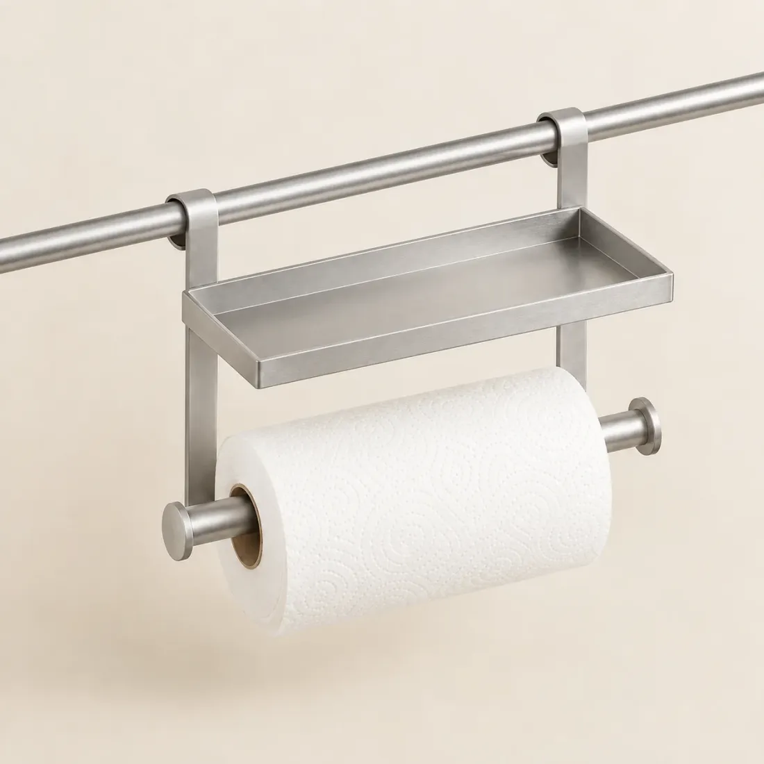 Rail Paper Towel Holder with Shelf — Brushed Steel