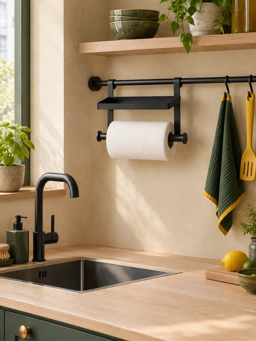 Rail Paper Towel Holder with Shelf — in a small home