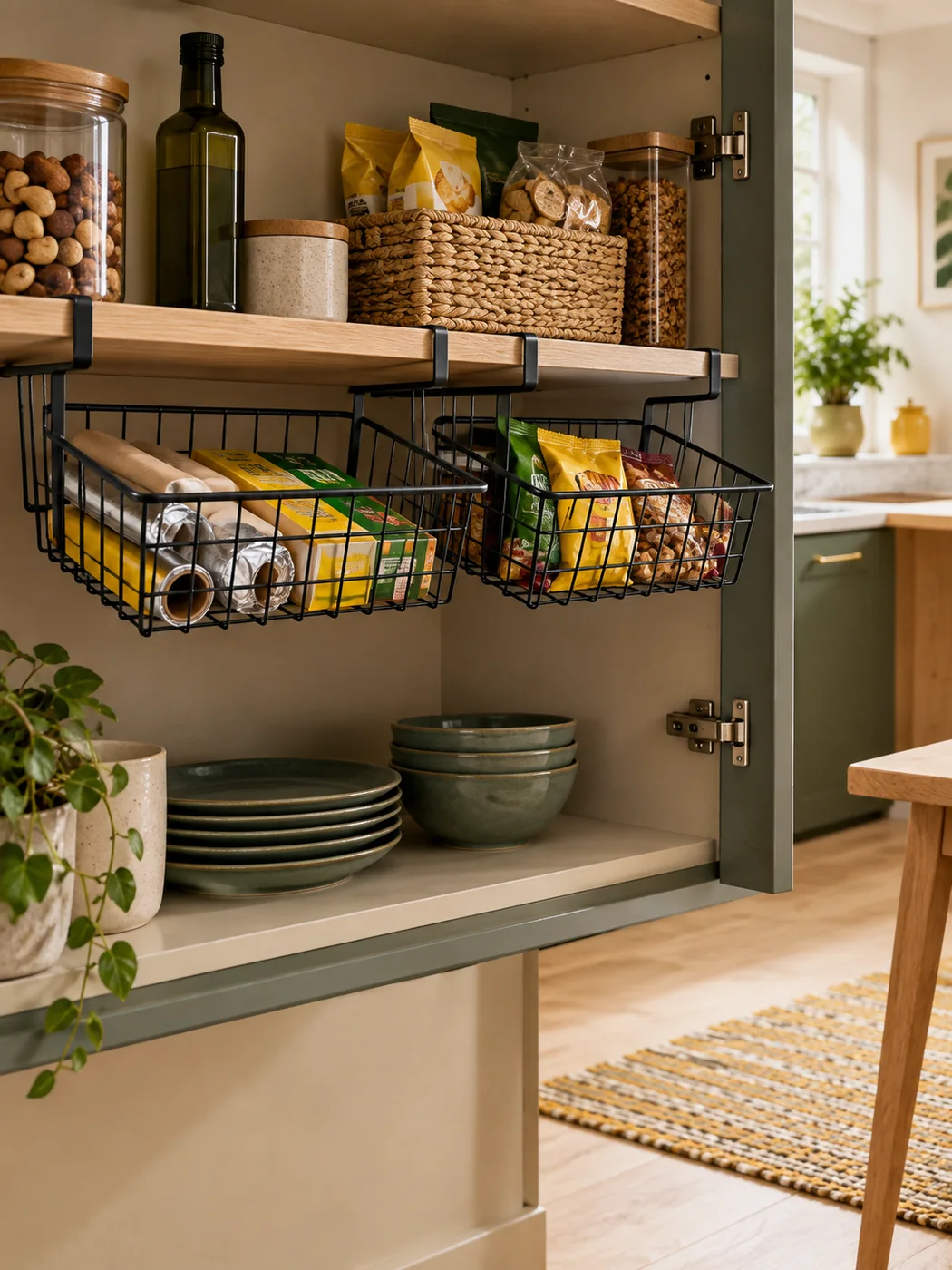 Under-cabinet Hanging Basket Pair — in a small home