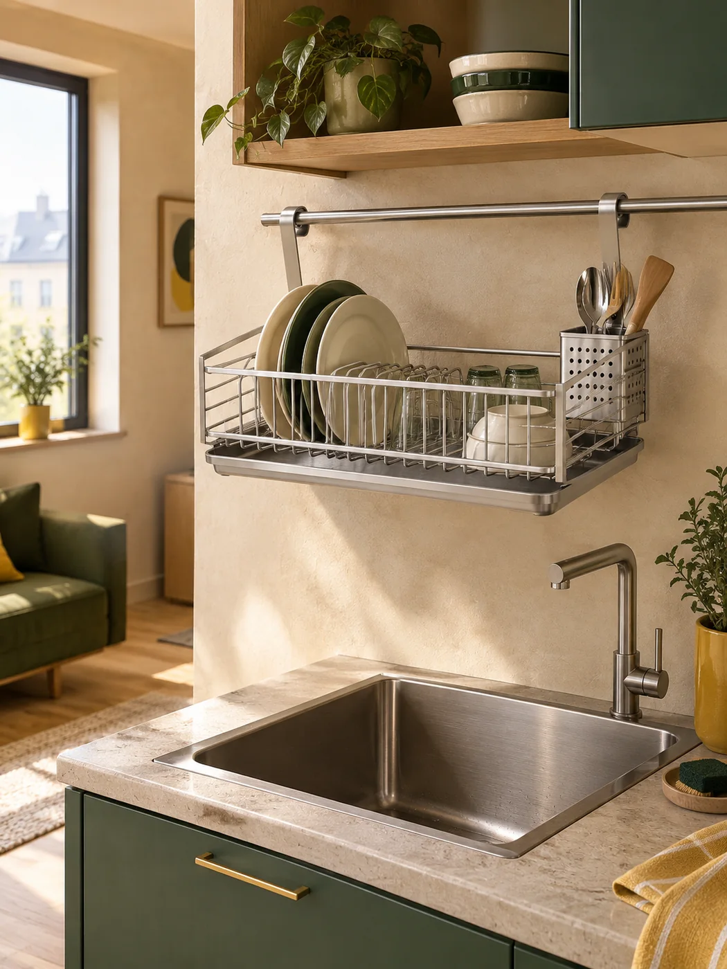 Rail Dish Drying Shelf — in a small home