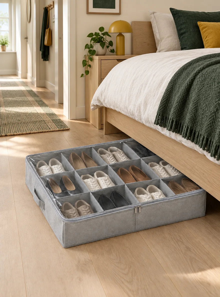Under-bed Shoe Organizer · 12 Pairs — in a small home