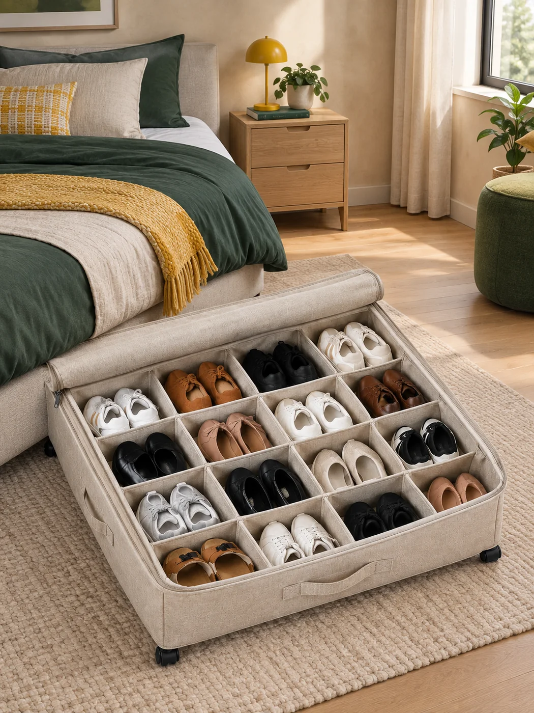 Rolling Under-bed Shoe Drawer · 16 Pairs — in a small home