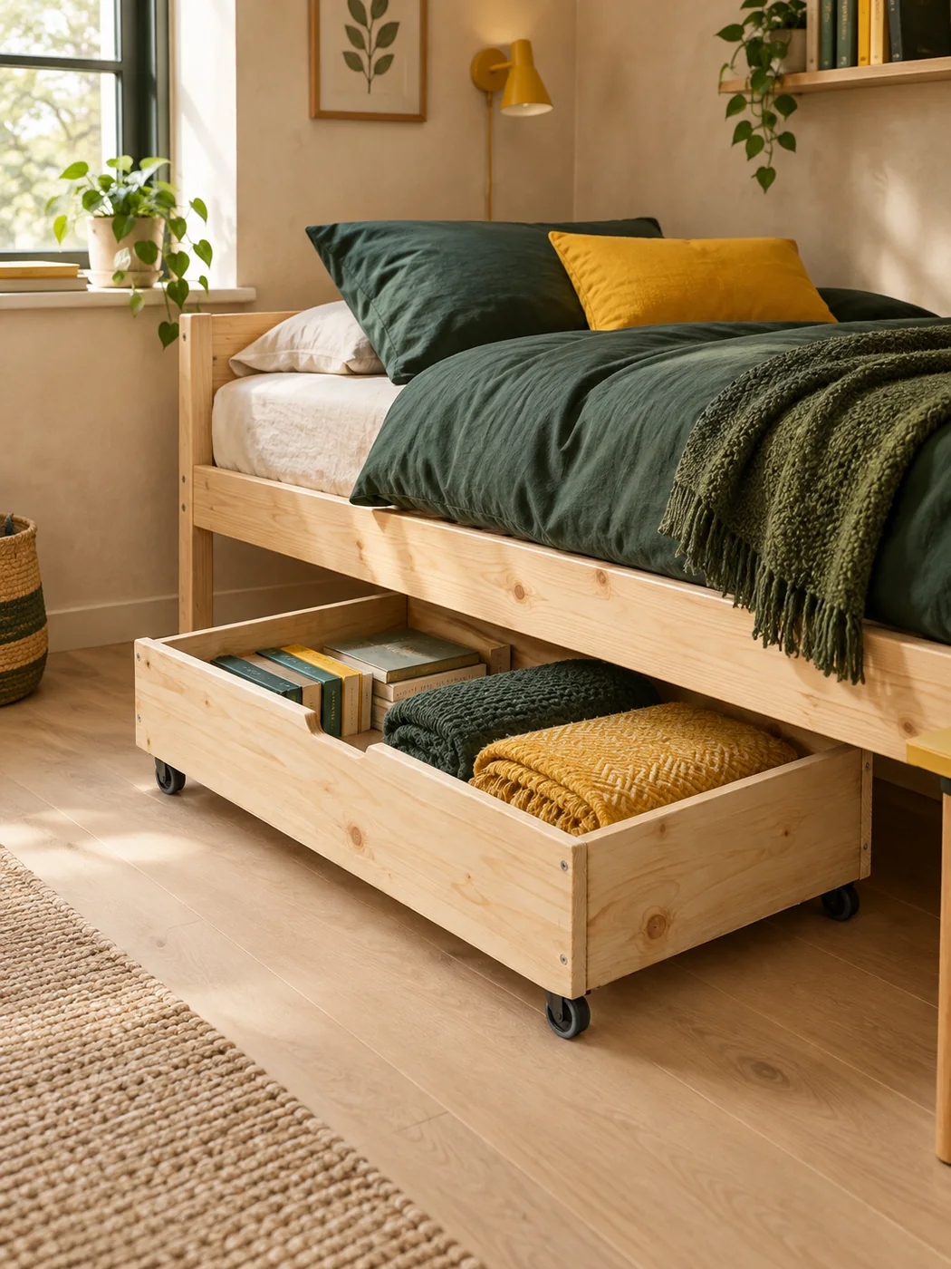 Pine-frame Under-bed Drawer — in a small home