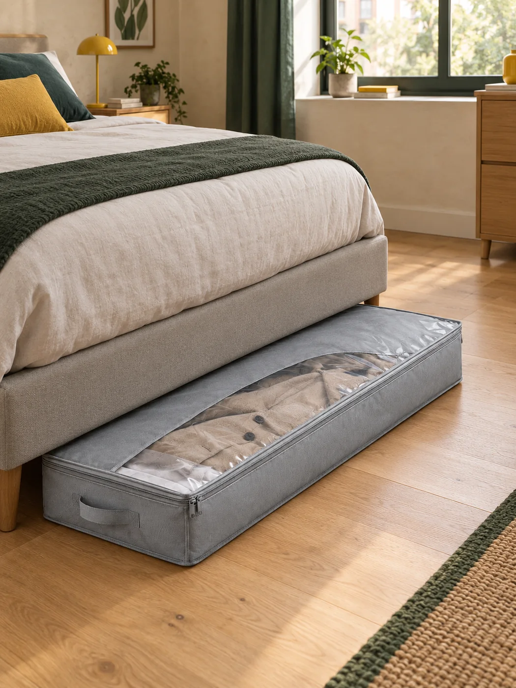 Under-bed Long Garment Bag — in a small home