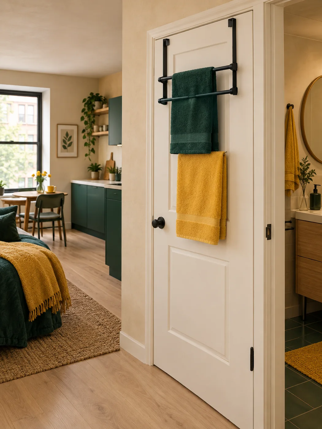 Over-door Towel Bar Duo — in a small home