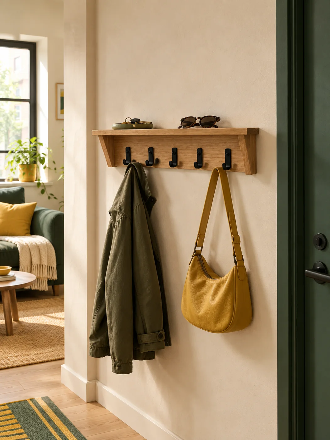 Entryway Wall Rail with Shelf — in a small home