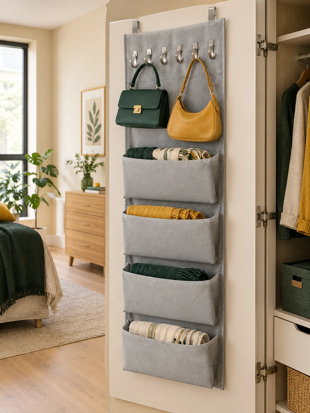 Over-door Bag & Scarf Organizer — in a small home