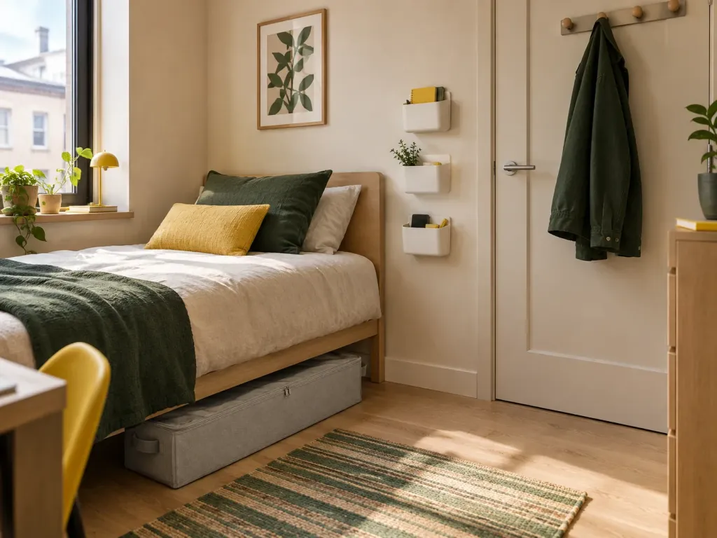 Rental bedroom with storage under the bed and on the door