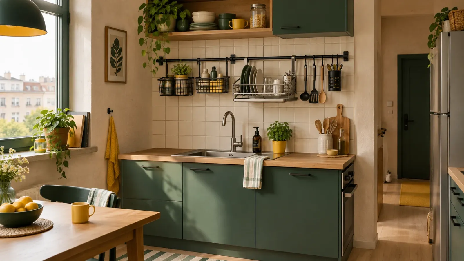 Small kitchen with a rail kit on the wall