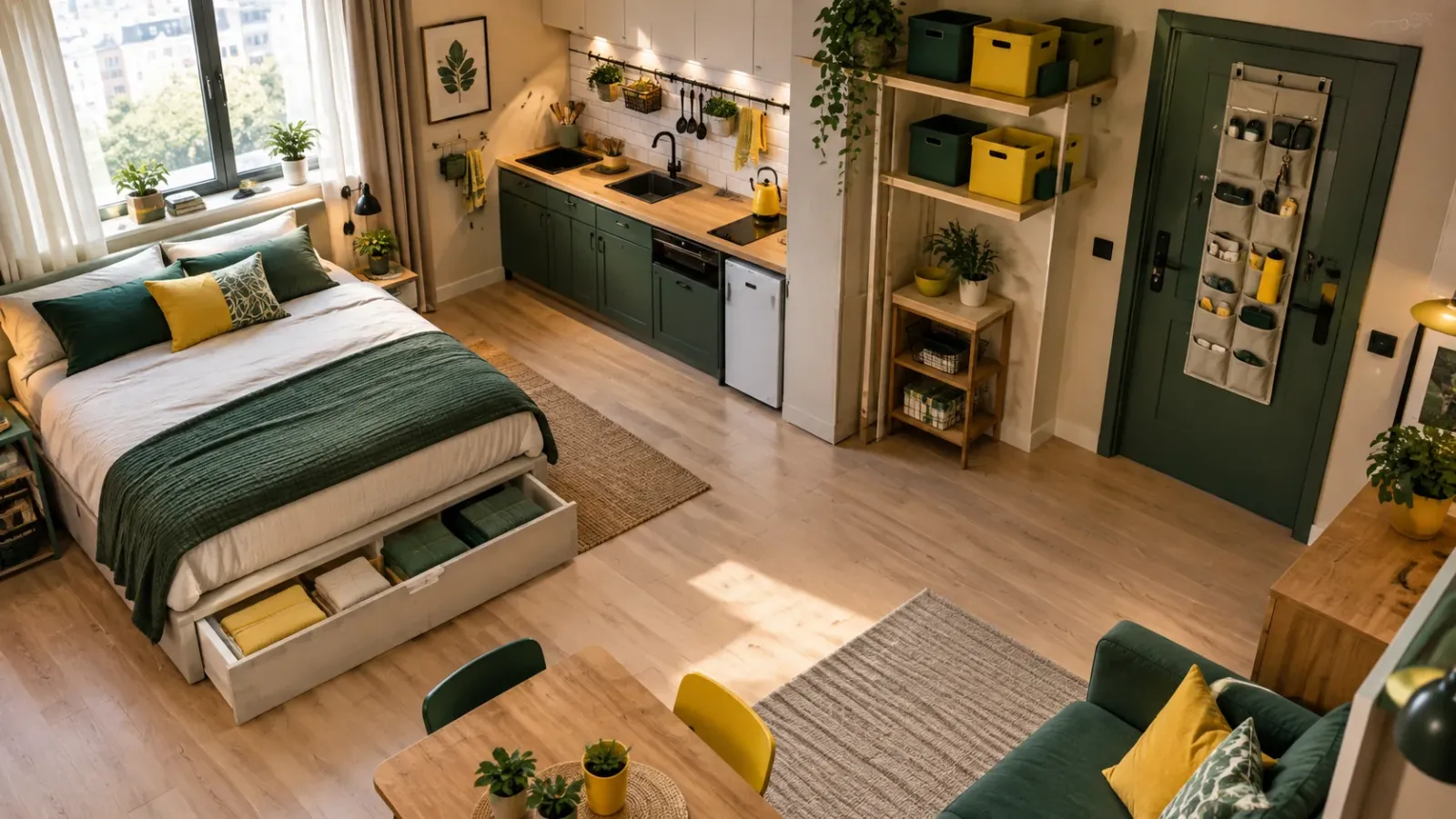 Compact studio apartment with storage under the bed, on the door and on the wall