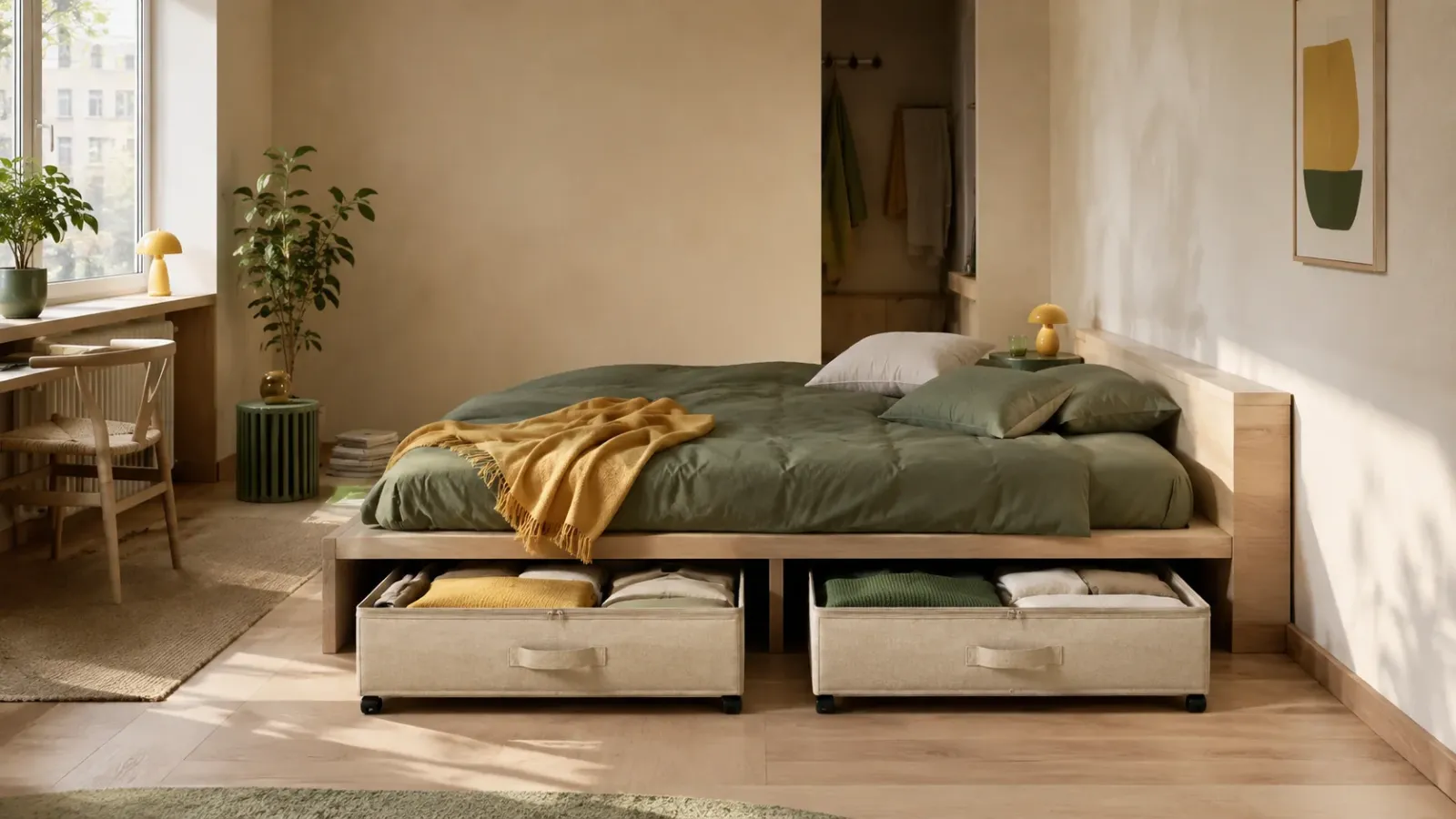 Small bedroom with two drawers pulled out from under the bed