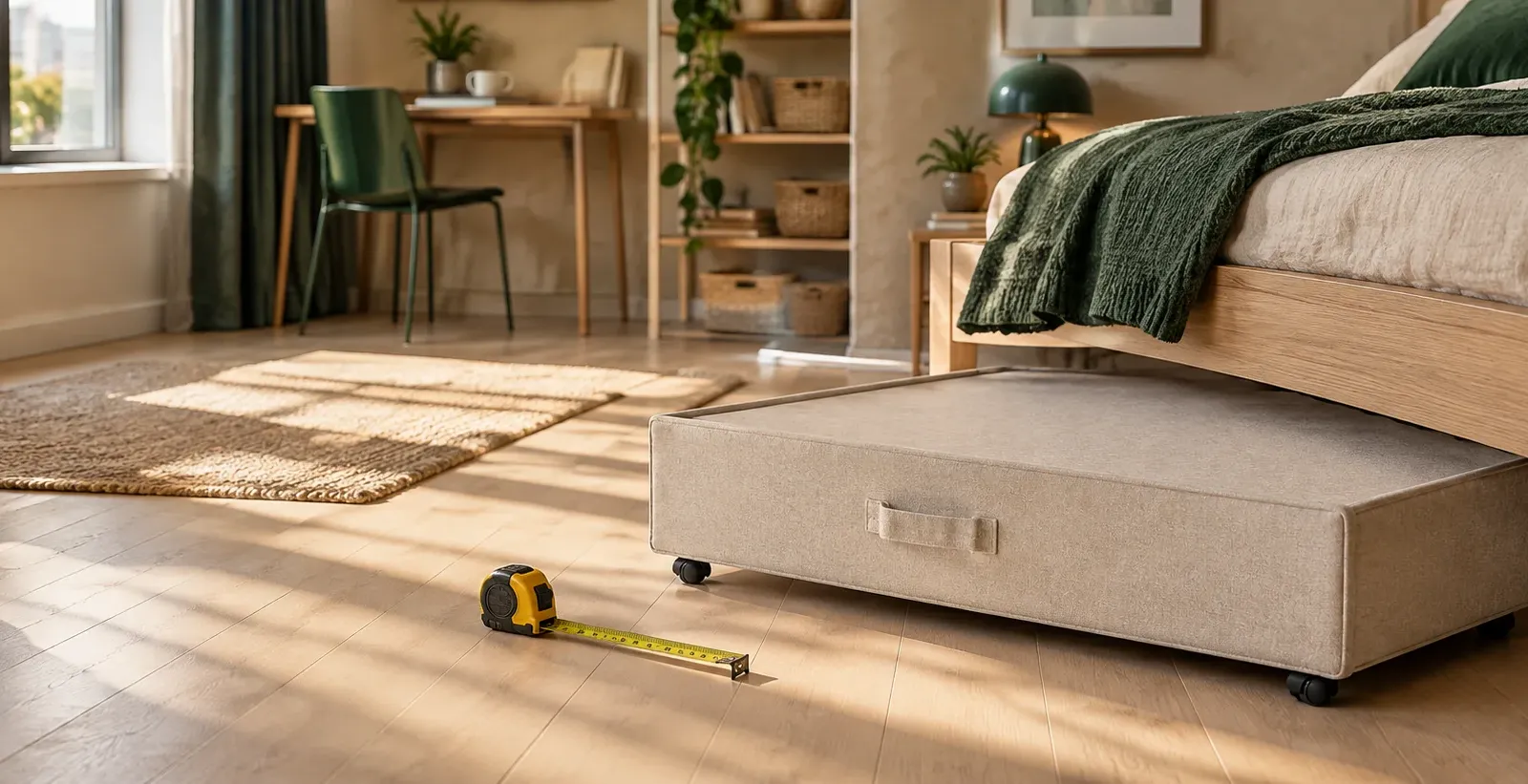 Tape measure on the floor next to an under-bed drawer