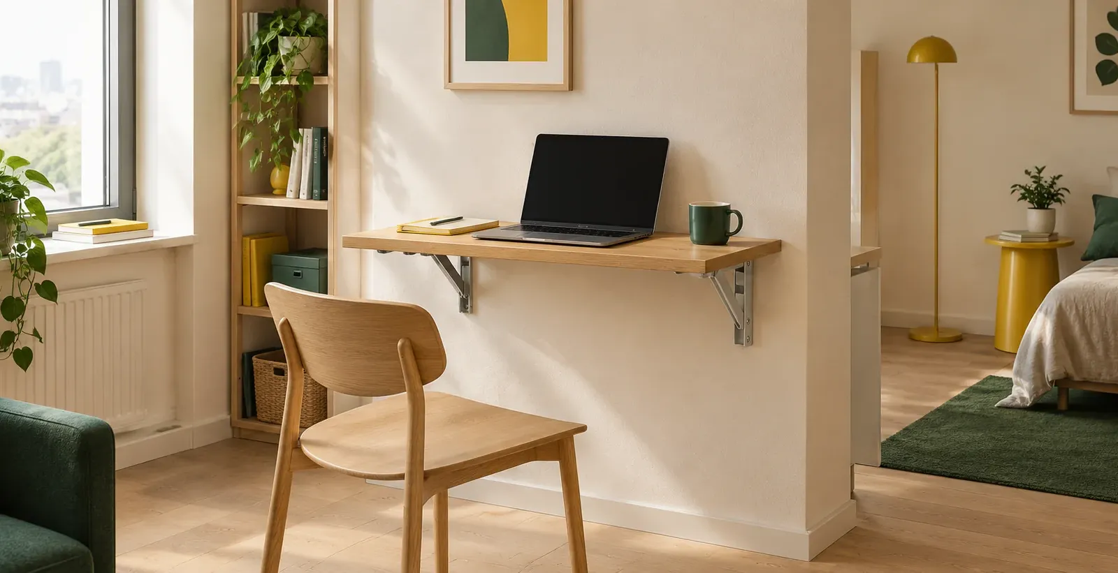 Fold-down wall shelf used as a small desk